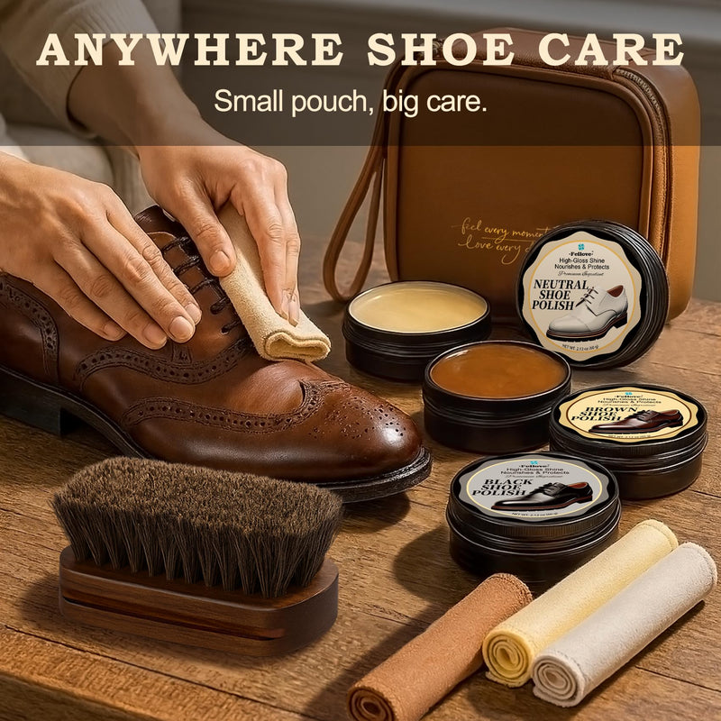  [AUSTRALIA] - Shoe Polish Kit 8PCS – Premium Black, Brown & Neutral Polish, Horsehair Brush, 3 Cloths & Compact Pouch for Leather Shoe Care, Waterproof for Boots and Shoes, Office and Travel
