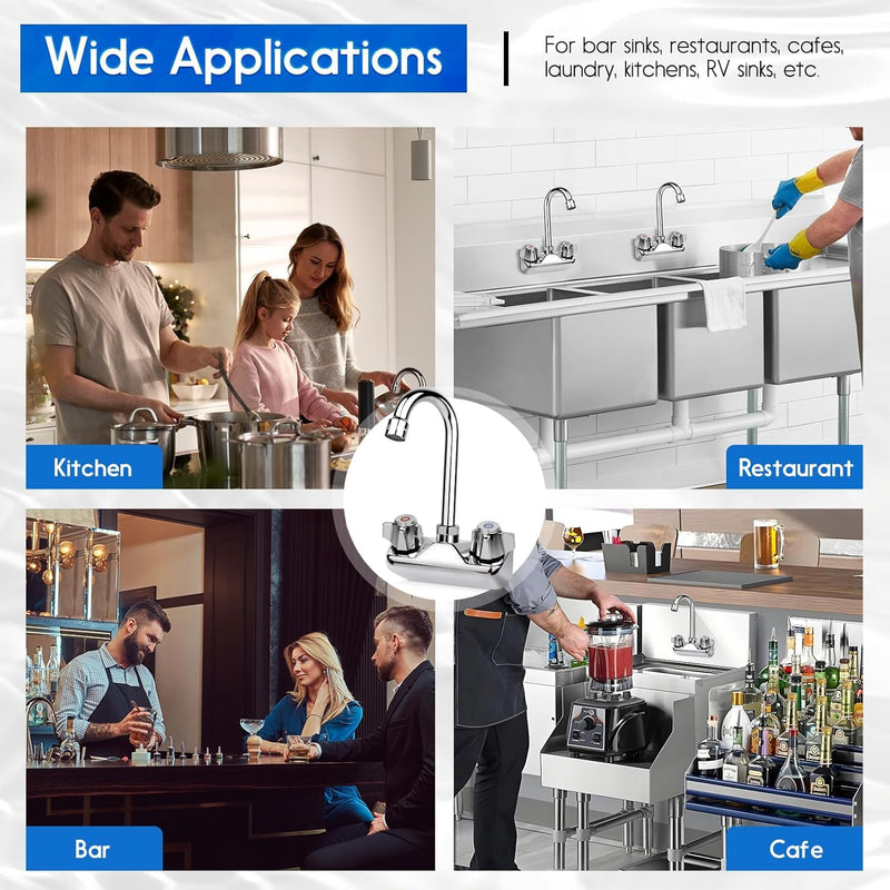 Leak-Free Commercial Hand Sink Faucet with Ceramic Valve, 4 Inch Center Wall Mount Kitchen Faucet with 3-1/2" Swivel Gooseneck Spout & Dual Knobs for Bar Restaurant Laundry, Brass Constructed