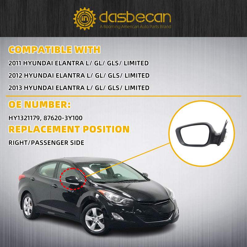  [AUSTRALIA] - Dasbecan Passenger Side Mirror Compatible With 2011 2012 2013 Hyundai Elantra Right Rear view Mirror Black With Manual Folding,Heated,Power Glass Replace# HY1321179 87620-3Y100 (5Pin) R-5pins