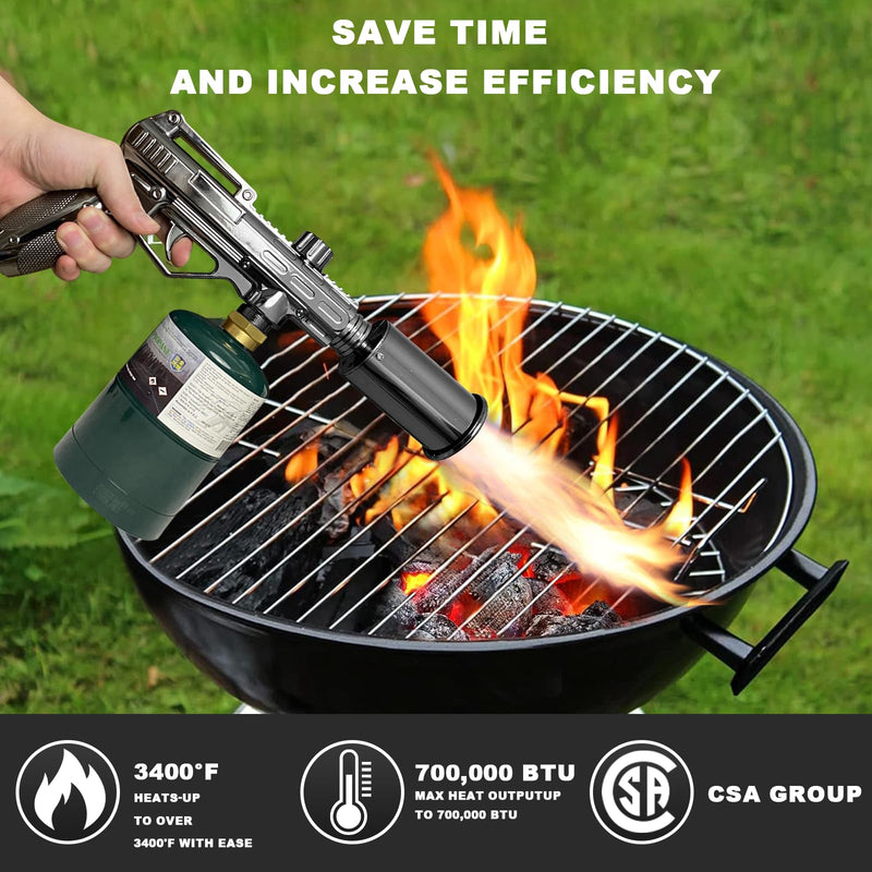 Powerful Propane Torch Gun, Adjustable Flame Kitchen Blow Torch for Cooking, Searing Steak, BBQ, Campfire, Charcoal Lighter (Tank Not Included) Grey