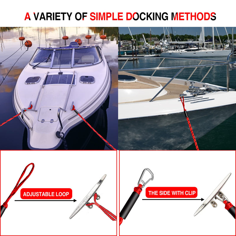 Bungee Dock Line Boat Accessories - Pontoon, Jet Ski, Kayak Accessories with 316 Stainless Steel Clip Red 4ft & 6ft