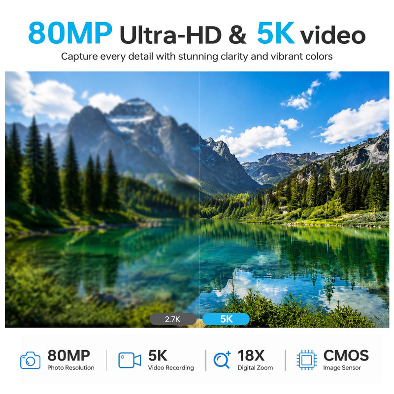 5K Digital Camera, 80MP 18X Autofocus Video 3.0" IPS LCD Flip Screen Vlog Camera for YouTube, 32GB SD Card USB 2.0 Detachable Rechargeable Li Battery Anti-Shake Compact Camera for Party Beginner Black