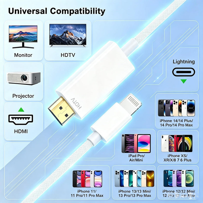 Lightning to HDMI Adapter,for Phone to TV/Projector/Monitor,1080P Digital AV Adapter Sync Screen Woven Cable Compatible iOS-Compatible Digital AV Connector WHITE