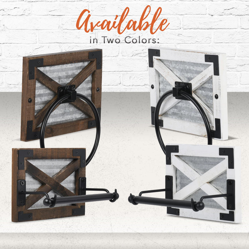 Autumn Alley Farmhouse Toilet Paper Holder and Towel Ring Holder with Bracket, Wall Mount, 2 Set - Farmhouse Toilet Paper Holder and Bathroom Hand Towel Holder Wooden Decor, White