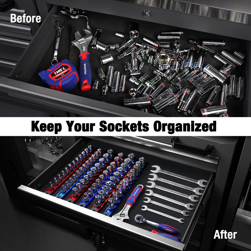 WORKPRO Magnetic Socket Organizer Set, 3-Piece Aluminum Alloy Socket Rail, Heavy Duty Socket Holder, Socket Rack Kit 1/4-Inch x 12 Clips, 3/8-Inch x 10 Clips, 1/2-Inch x 10 Clips (Red) 3 Pieces-1/4", 3/8", & 1/2" DR Red