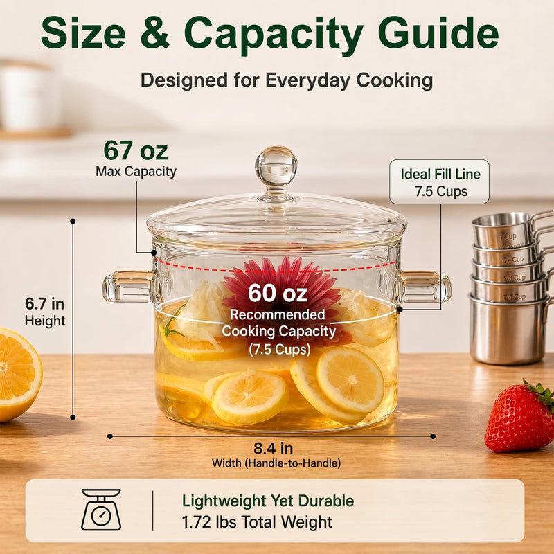 67 oz Glass Simmer Pot with Lid - Stovetop Safe Cookware for Cooking | 1900ml, Heat-Resistant Borosilicate Glass, Stovetop Safe for Cooking, For Potpourri, Soup, Pasta, Baby Food, Dual Handles