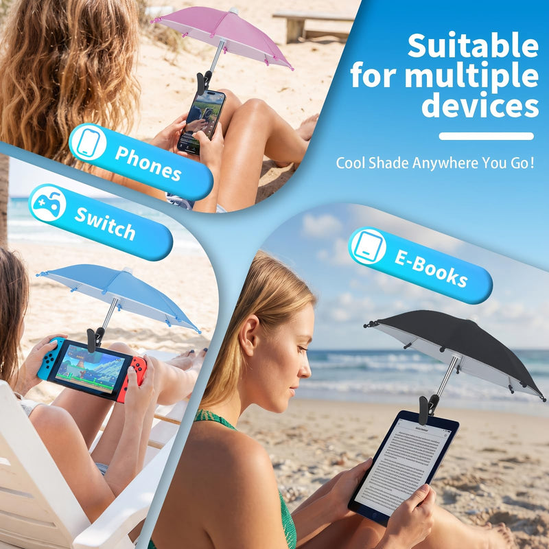 3 Pack Phone Umbrella for Sun, Cell Phone Shade with Clip, Protects from Sunlight, Glare, Rainproof, Suitable for Outdoor Activities(Black+Blue+Pink)