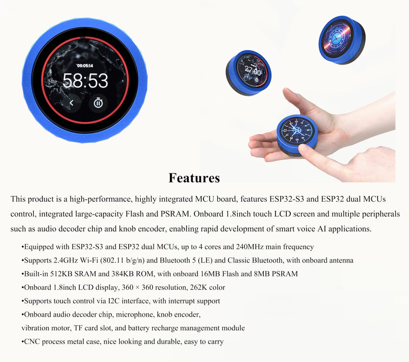 ESP32-S3 1.8inch Knob Touch Display Development Board, Multi-Functional Smart Rotary Knob Screen, 2.4GHz Wi-Fi and Bluetooth Wireless Connection, PC Volume Control, PC Secondary Screen, No Battery