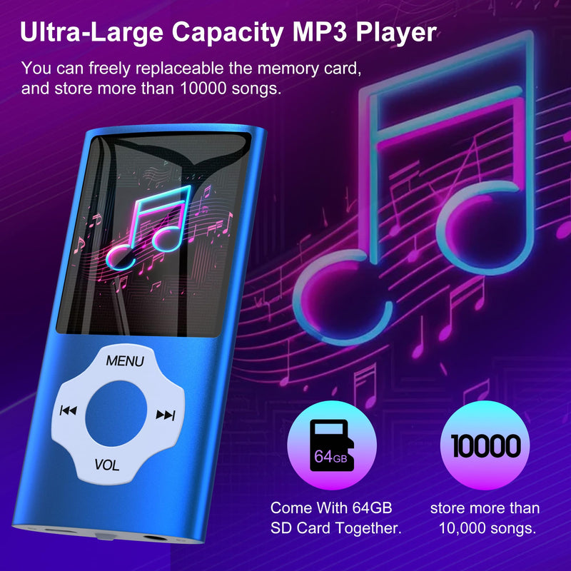 MYMAHDI 64GB MP3 Player with Bluetooth 5.2, LCD Screen Music Player Up to 128GB,MP3 Player for kids with Music,Video,Voice Record,FM Radio,E-Book Reader,Photo Viewer,Blue Blue