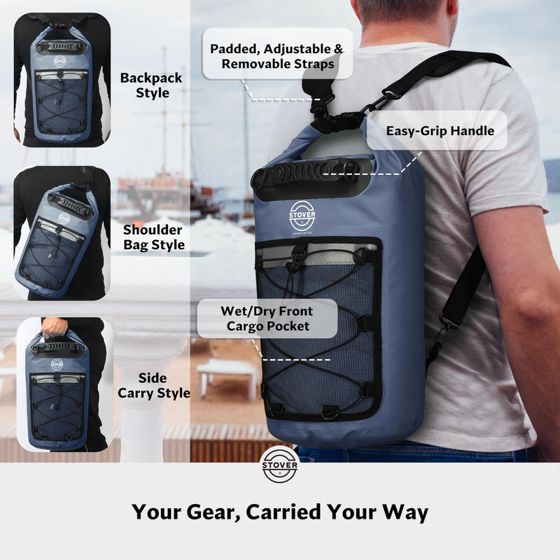 STOVER 5/10/25/30/40/55L Waterproof Dry Bag- Roll-Top Backpack w/Phone Case- Kayaking, Hiking, Camping, Boating- Men/Women 30l Navy Blue (With Phone Case)