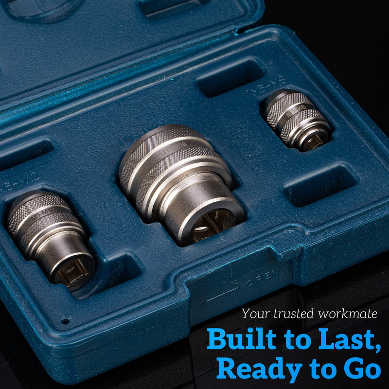 3 Piece Tap Socket Set for Ratchet Wrench - 1/4" 3/8" 1/2" Drive, Fits Taps, Reamers, Extractors with Square Shank (M3-M19),Cr-Mo Steel