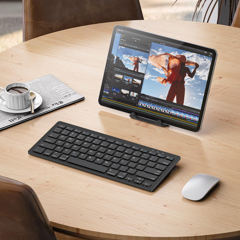 OMOTON Rechargeable Bluetooth Keyboard for iPad/iPhone with Stand Holder | Compact Wireless Keyboard for iPad Pro/Air/Mini/A16 11th/10th, Key Stickers, Easy to Carry for Study, Office and Travel