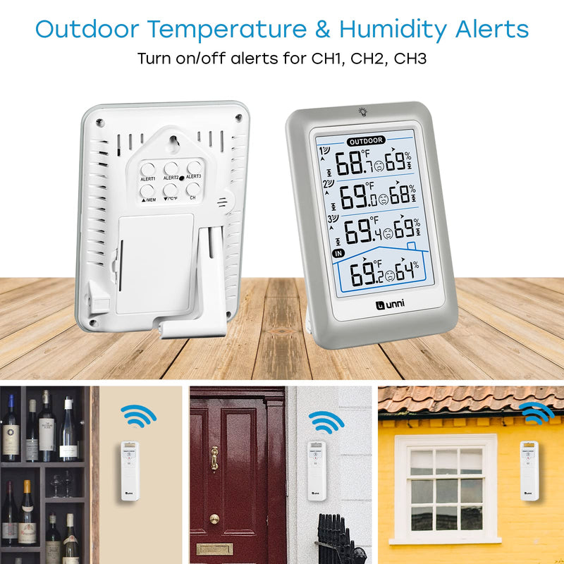 Indoor Outdoor Thermometer Wireless, 4.5 Inch Display Digital Hygrometer Thermometer Temperature Humidity Monitor with 330ft Range Sensor and Adjustable Backlight White