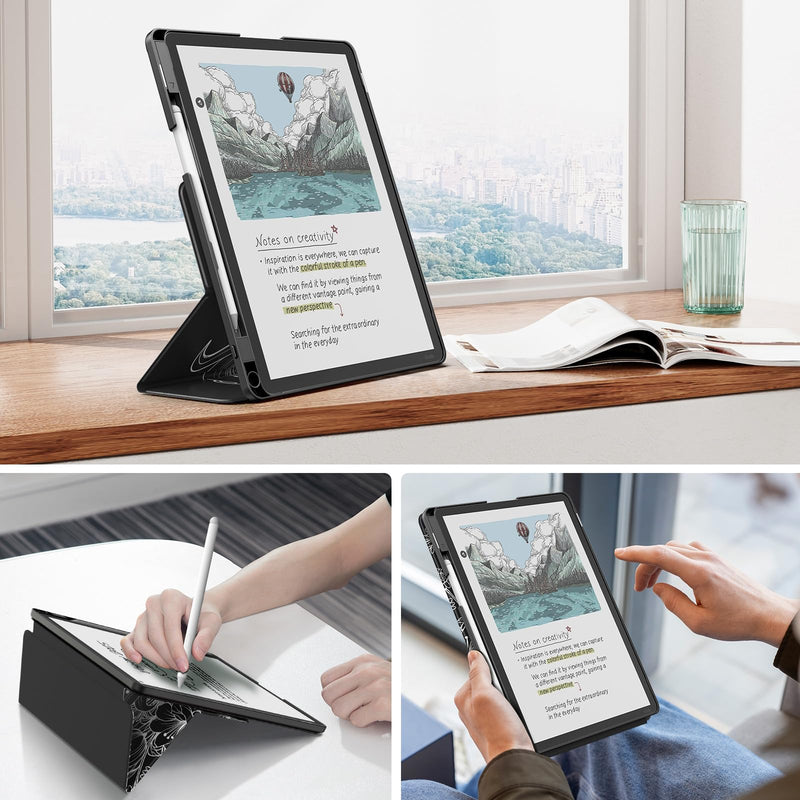 MoKo Stand Case for 11" Kindle Scribe 3rd& Colorsoft 2025, Line Flower | Premium Leather Trifold Stand Cover with Pen Slot, Auto Sleep/Wake,Water Proof