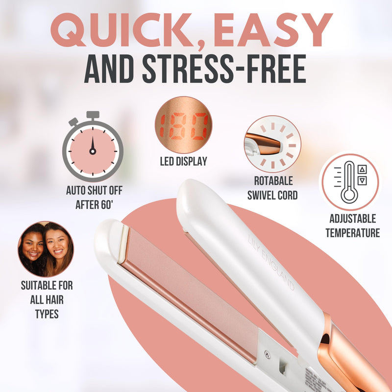 Lily England Hair Straighteners for Women, 2-in-1 Flat Iron & Curler Rose Gold