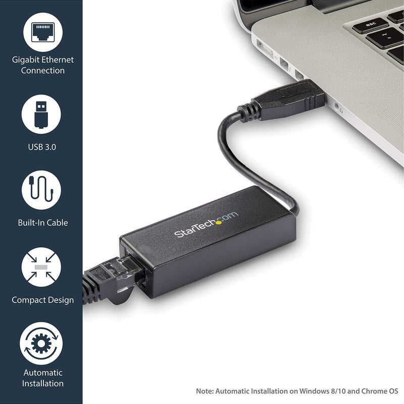 StarTech USB 3.0 to Gigabit Ethernet NIC Network Adapter - USB to RJ45 for 10/100/1000 Network USB-A 1Gbps Black