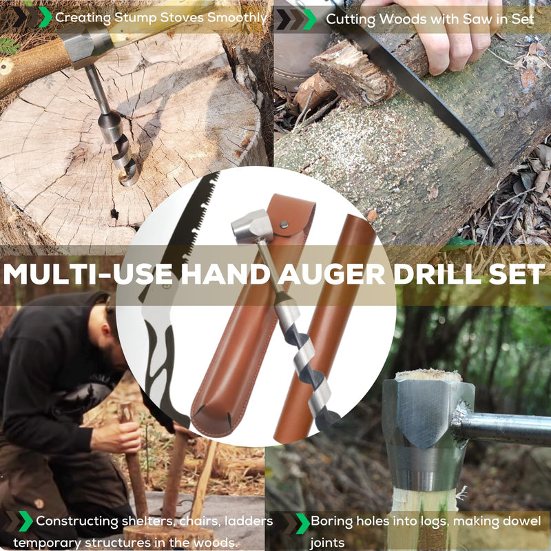 Hand Auger Wood Drill, Upgrade Welds Bushcraft Auger w/ Sharp Scottish Eye, Survival Tools for Bushcraft Projects/ Camping/Outdoors, 1*10inch Settlers Wrench & Folding Saw Kit, Bushcraft Gear