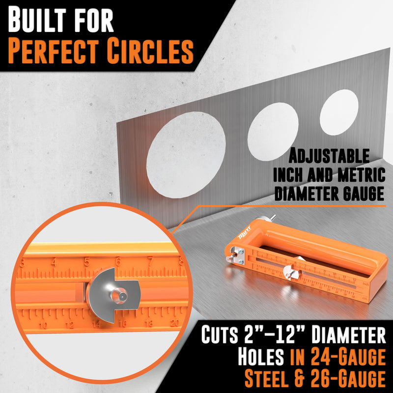 Mutt Tools Adjustable Hole Cutter for Metal – Cuts 2–12" Holes in 24ga Steel & 26ga Stainless – Heavy Duty Tool for HVAC, Duct Work, Electrical & Ceiling Installs