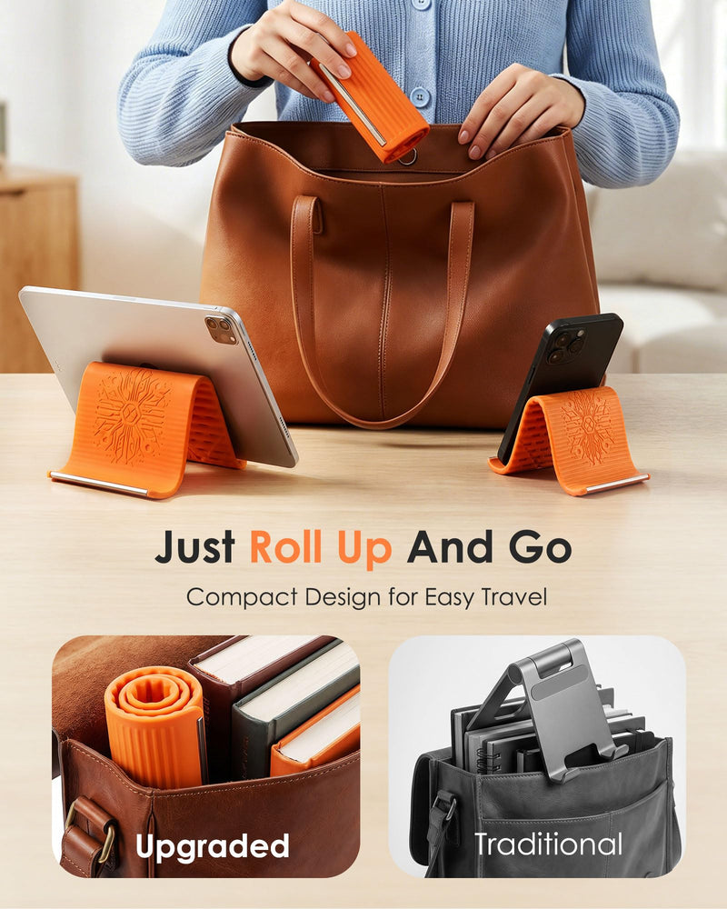 Airplane Phone Holder, Flexible Silicone Aluminum Phone Holder | Folding Cellphone Stand for Desk, Bed, Office, Treadmill - Airplane Gadgets for Long Travel Accessories - Plane Essential Orange