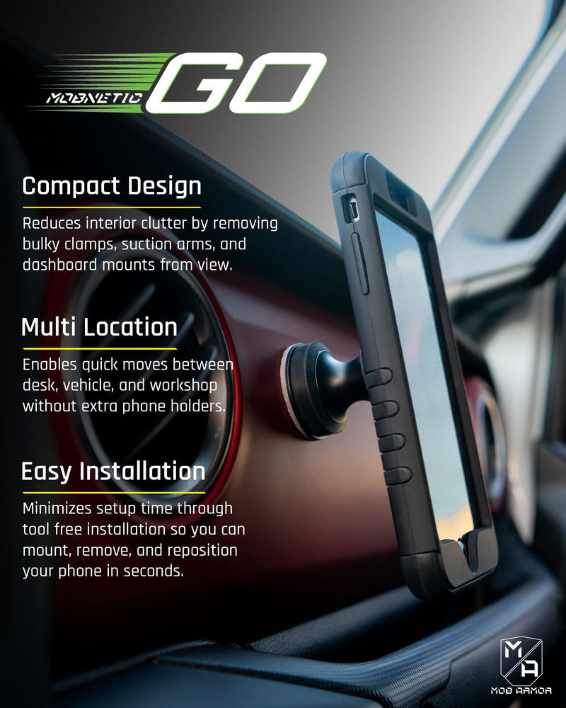 Mob Armor MobNetic Go Magnetic Car Phone Holder | Aircraft-Grade Aluminum, Strong Magnetic Base & Metal Plate, Mounts to Dash & Metal Surfaces, For iPhone & Android