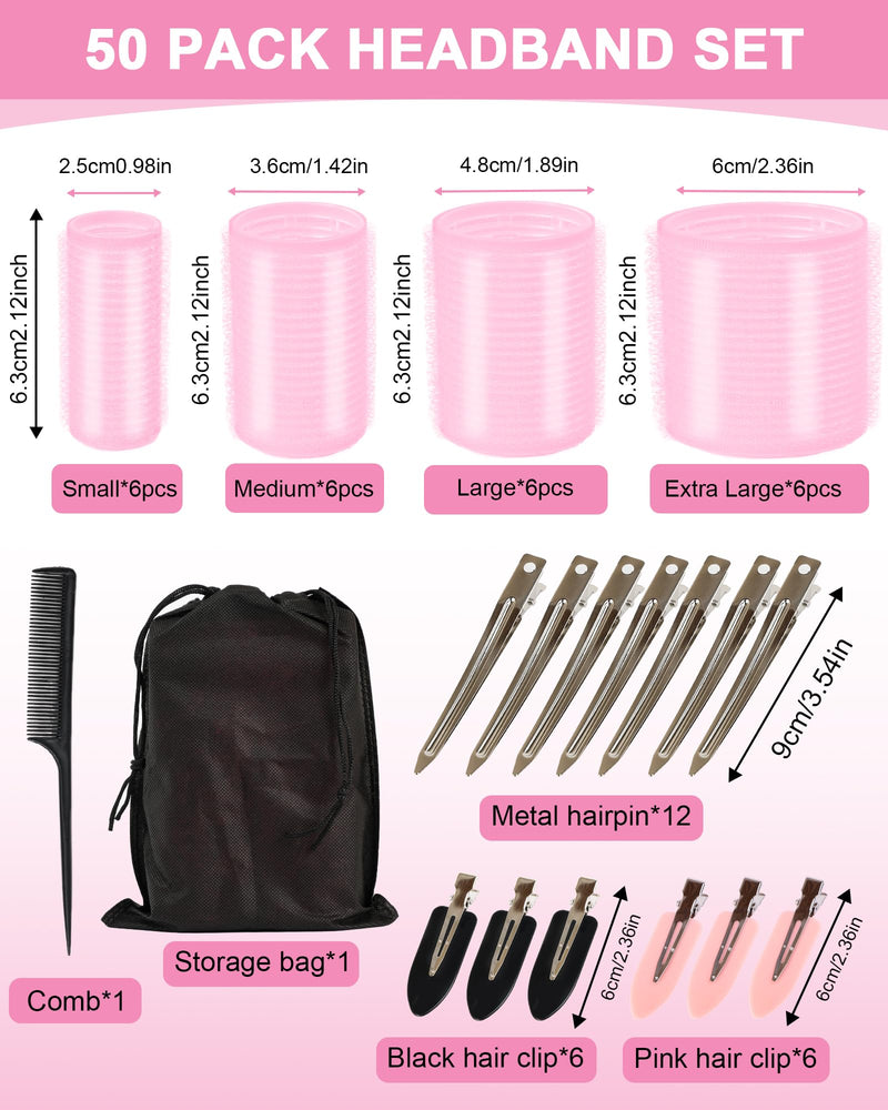 50PCS Hair Rollers Set with 24 Clips, 4 Sizes Hair Curlers - Pink | 60/48/36/25mm, Fine Hair Lift, DIY Styling, Hair Volume, Long, Medium, Short