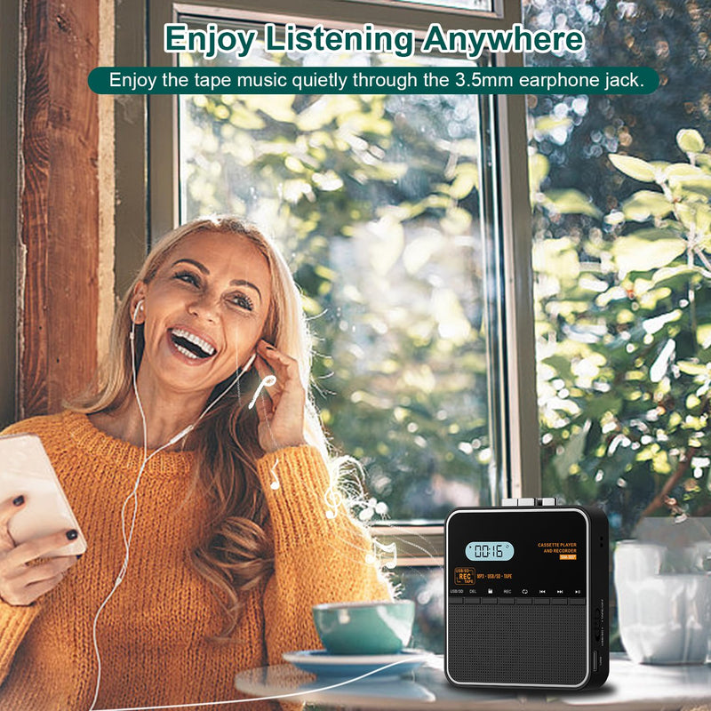Cassette Tape Player Recorder, Cassette to MP3 Converter, Record to Cassettes/USB/SD Card, LCD Display, Power by USB C or AA Battery, Built-in Speaker, Headphone Jack and Mic Black