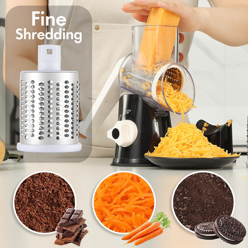 Cheese Grater Hand Crank, Rotary Vegetable Shredder with Handle and Strong Suction base, 3 in 1 Kitchen Speed Spin Veggie Slicer Nut Grinder for Pizza Top, Hash brown, Salad and More (Black) Stainless Steel + Plastic (BPA Free) Black