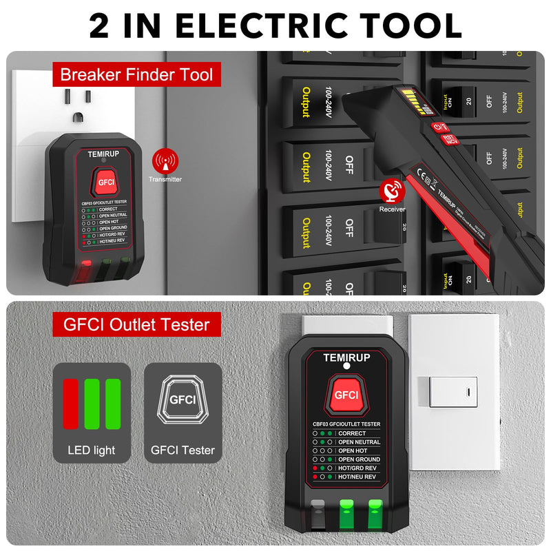 Circuit Breaker Finder with LCD Display, GFCI Outlet Tester, 90-135V Electrical Circuit Tracer Tool with NCV Test & Flashlight, Electric and Voltage Tester with Carrying Case & Batteries CBF03 circuit breaker finder + 0 Accessories