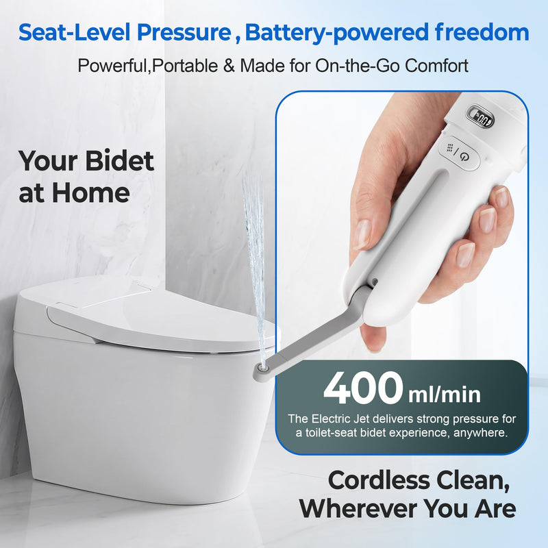 Electric Portable Bidet- Rechargeable Travel Bidet for Women, Postpartum, Hygiene | 3 Pressure Modes, 260 Uses/Charge, IPX7 Waterproof, Foldable & Compact, Standard Bottle Fit, USB-C Charging, White