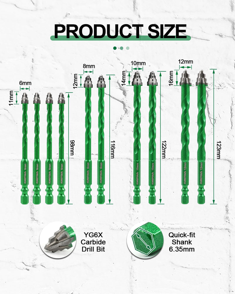 Serrated Masonry Drill Bit Set - 10pcs 1/4”*4, 5/16”*2, 3/8”*2, 1/2”*2 Concrete Carbide Drill Bit Drill Bit for Wood Plastic Masonry Ceramic Tile Glass Marble 6mm*4/8mm*2/10mm*2/12mm*2 10