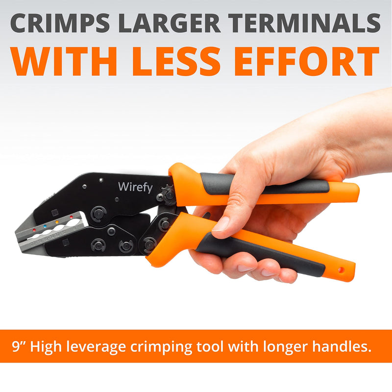Wirefy Crimping Tool 9" for Quick Change Crimping Dies - High Leverage Wire Crimper - Crimping Pliers - Ratcheting Terminal Crimp Tool - 26-4 AWG Crimping Tool 9" - No Die