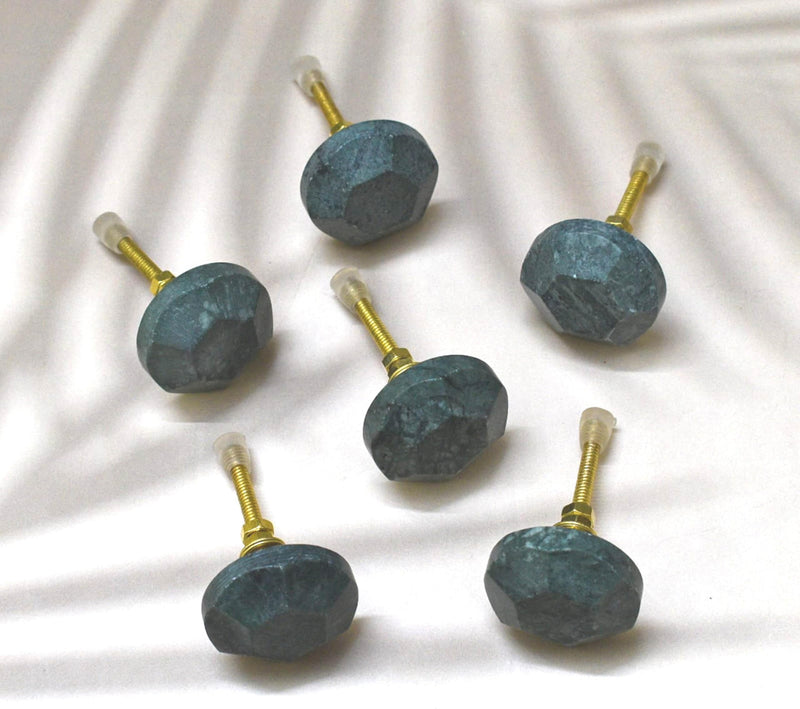 Marble Knobs for Cabinets - Set of 6 Decorative Green Hammered Round Marble Knobs Handmade Kitchen Cabinet Drawer Knobs | Glossy Wardrobe and Dresser Pulls (6 x 3.8 cm)