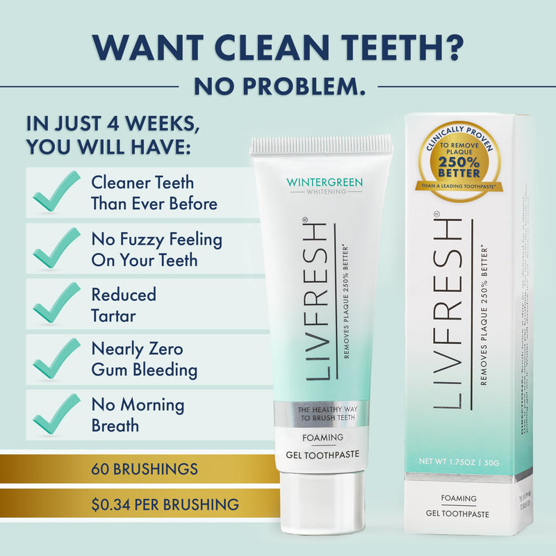 LIVFRESH Toothpaste Gel, Clinically Proven to Remove Plaque 250% Better, Improves Gum Health 190% Better, Prevents & Reduces Tartar, Freshens Breath, SLS Free Dental Gel, Wintergreen, 3 Pack Wintergreen, Foaming, Whitening 1.75 Ounce (Pack of 3)