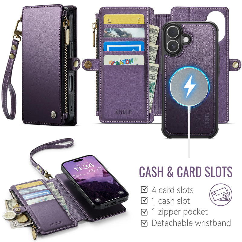 for iPhone 16 Plus - Phone Case Wallet Magnetic Detachable, Purple | Compatible with Magsafe, RFID Blocking Card Holder, Zipper Pocket, Wristlet, Durable PU Leather, Magnet Flip, for Women Men Deep Purple