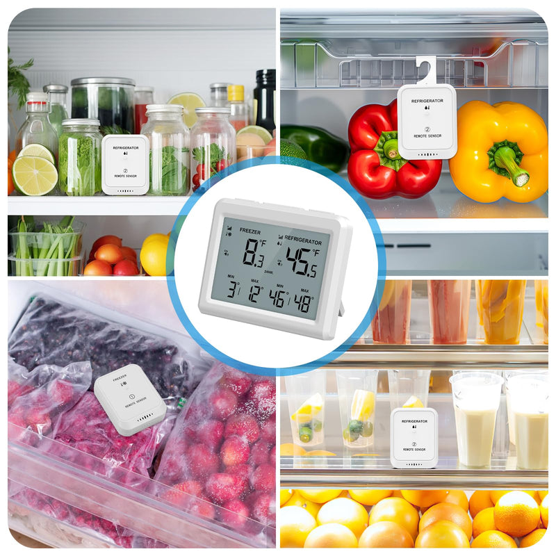 AMIR Wireless Refrigerator Thermometer, Digital Fridge and Freezer Thermometer with Alarm, Freezer Alarm with 2 Sensors, 3.7 inch LCD Fridge Thermometer for Home and Restaurants