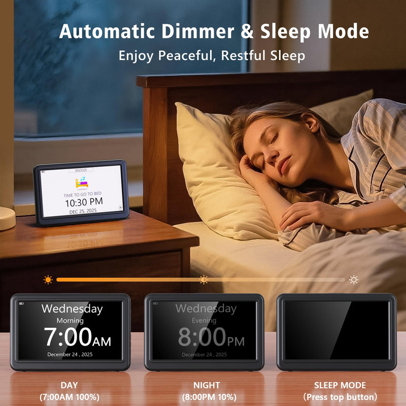 Rechargeable Digital Calendar Alarm Clocks for Senior, 7" Clock with Day and Date for Elderly, 20 Reminders & Alarms, Auto Dimmer/DST, 12 Themes, 18 Ringtones for Dementia Memory Loss, 1024*600 HD Black