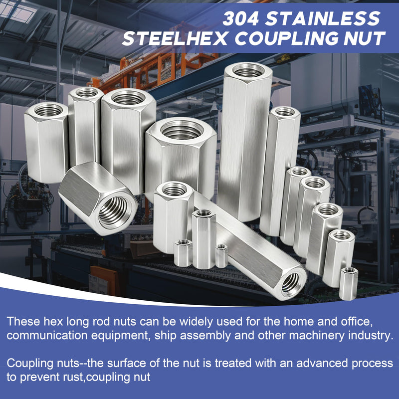 32 Pcs 304 Stainless Steel hex Coupling Nuts M6 x 1.0-Pitch 50mm ，Stainless Steel Rod Coupling Nuts(Metric) M6x1.0x50MM 32