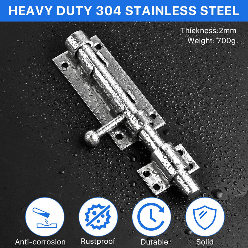 6.3inch Sliding Bolt Gate Latch, 2 Pack Heavy Duty Barrel Bolt with Padlock Hole, 304 Stainless Steel Solid Gate Lock Security Guard Door Latches for Yard Trailer Fence Shed Garages Silver