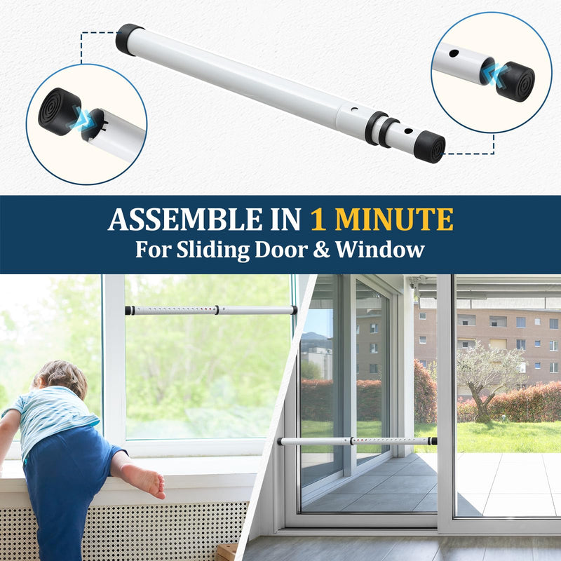 3-in-1 Door Security Bar with Heavy-Duty Metal, Adjustable 16"-41.7" Door Lock Stick,Sliding Patio Door Security Bar with 2.8" Non-Slip Base for Home,Apartment,Travel Safety–Portable Door &Window Lock White