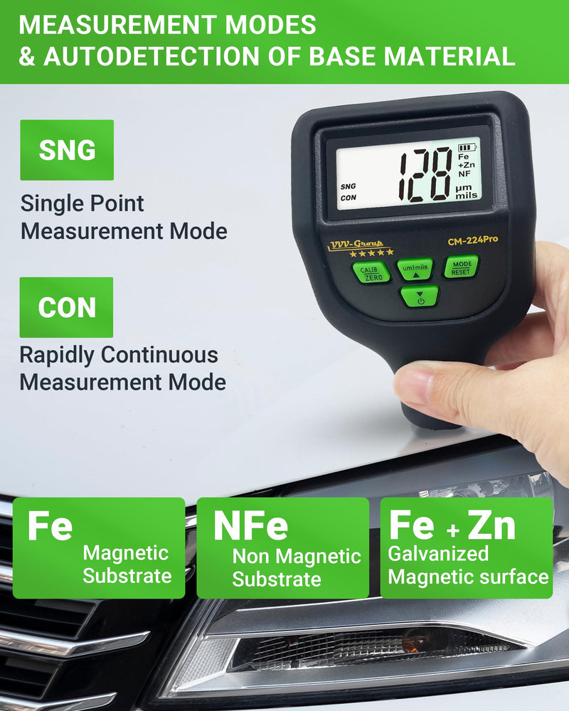 Paint Thickness Gauge – CM-224Pro Automotive Coating Thickness Meter 0–59.1 mils (0–1500 µm), 0.01 mils (0.1 µm) Resolution, Fe/NFe/Zn Auto Detection, Auto Calibration Fe/Al/Zn