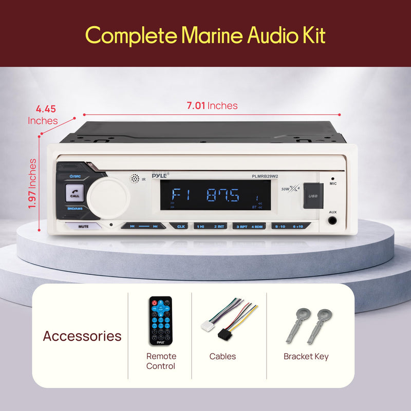Pyle Marine Radio Single DIN Receiver – Bluetooth Wireless Streaming, AM/FM Tuner, USB/AUX MP3 Playback, Hands-Free Calling, Remote Control, RGB Buttons, Splash-Resistant Stereo Upgrade White