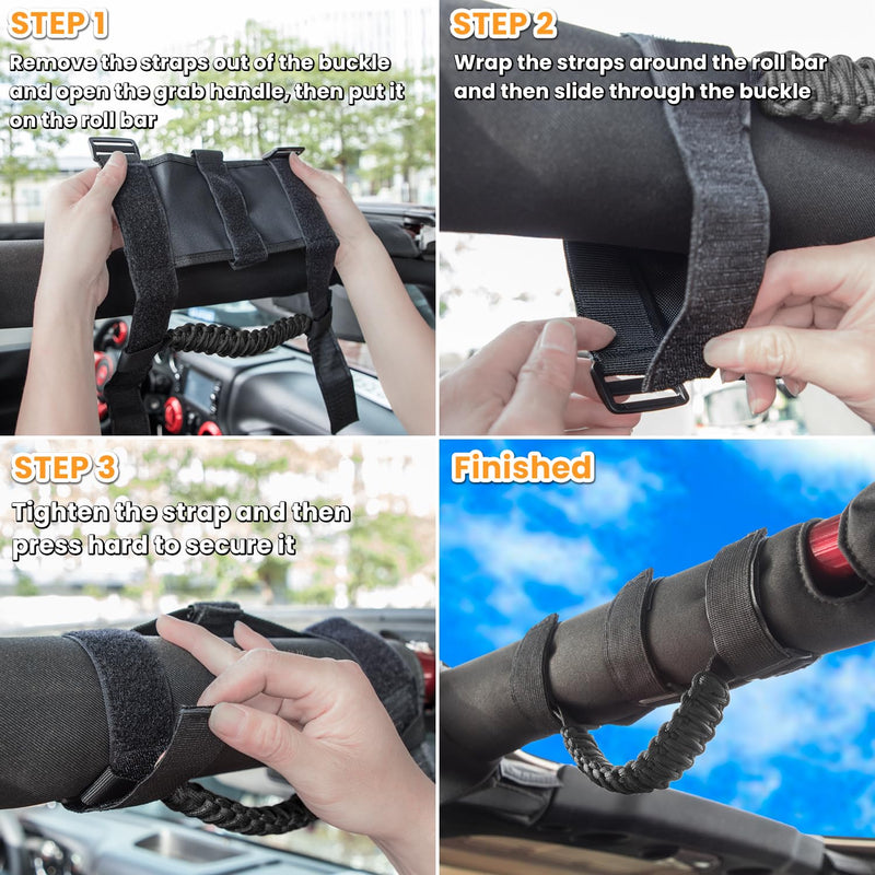 4 x Roll Bar Grab Handles Grip Handle for Jeep Wrangler JK JKU JL JLU TJ YJ Sports Sahara Freedom Rubicon Unlimited Gladiator JT 1955-2023 UTV ATV Premium 550 Paracord Interior Accessories (Black) Standard 4-Pack Black