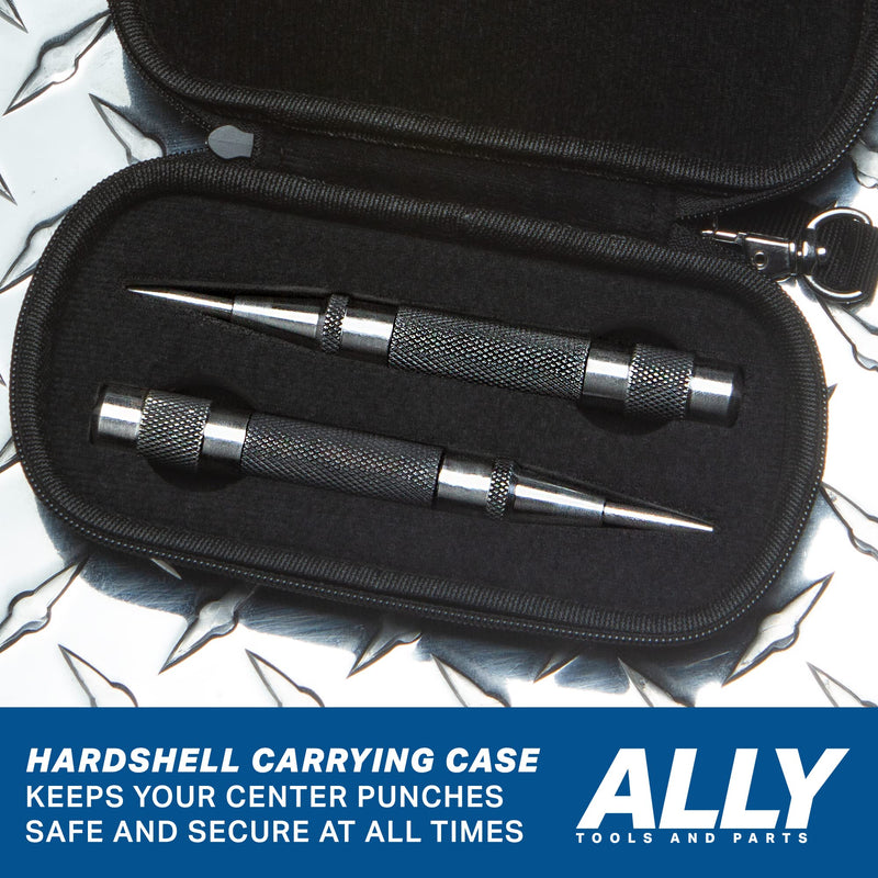 ALLY Tools Heavy Duty Automatic Center Punch w/Hardened Steel – 2PC Premium Automatic Center Punch for Metal for Machinists and Carpenters w/Adjustable Knurled Cap, Spring Loaded and Hard-Shell Case