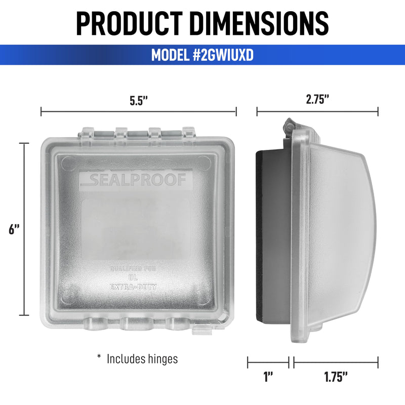 Sealproof 2-Gang Weatherproof Lockable In Use Electrical Power Outlet Cover, Two Gang, UL Extra Duty Compliant, 45-in1, Plastic Clear Frost Standard 2-Pk