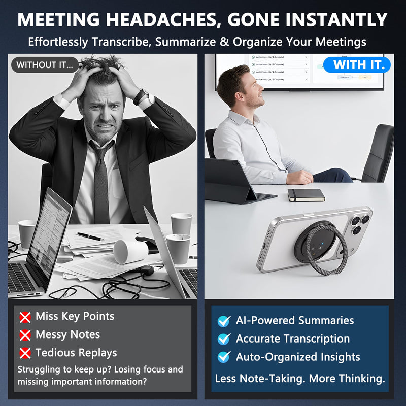 AI Voice Recorder in a Magnetic Phone Stand, AI Meeting Assistant | Portable Smart Digital Note Taker Device, 100+ Languages Real-Time transcriber, Summarize, Lectures, Meetings, Interviews