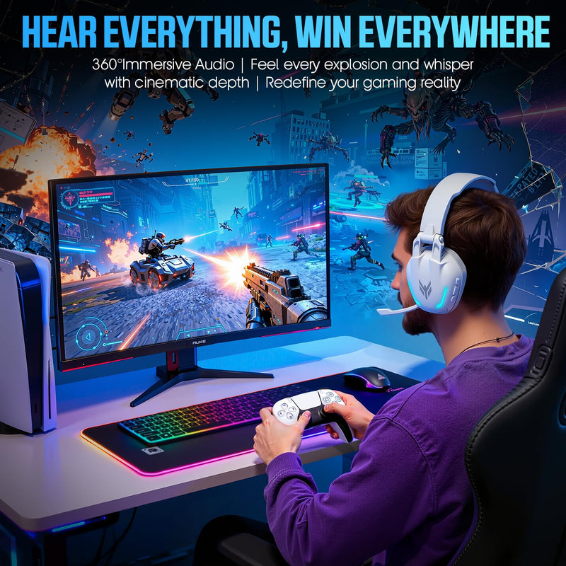 BENGOO G1 60H Wireless Gaming Headset with RGB Lights & Mic for PS5 PS4 PC | 7.1 Surround Sound, 2.4GHz USB/Type-C & Bluetooth 5.4, Noise Canceling Flip Microphone, Foldable Design for Switch Mac White