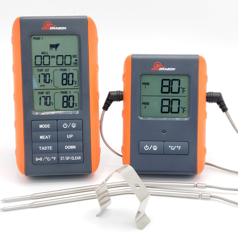 BBQ Dragon Instant Read Grill Thermometer - Wireless Meat Thermometer, Smoker Thermometer, 2 Probes, BBQ Temperature Probe, Meat Thermometer for Grill, Oven Safe 2-Probe