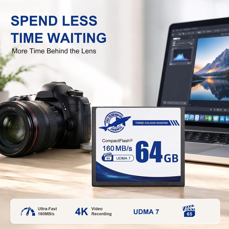 Dogfish Compact Flash Memory Card 64GB, UDMA 7 Speed Up to 160MB/s | CF Cards for High-Speed Burst Shooting, VPG-65 for Professional DSLR Cameras & 4K Video Recording CompactFlash card