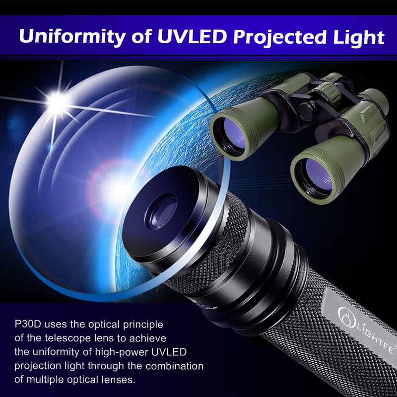 LIGHTFE-P30D Uniform UV Light Flashlight, High-Power 365nm UVLED, Suitable for ore, Jade, Pet Urine Stains, Stains, Mechanical Leak Detection, Etc., Professional-Grade Detection Tool UV Flashlight