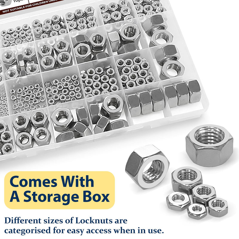 2 in 1 SAE & Metric Hex Nut Assortment Kit(510pcs),2#56 4#40 6#32 8#32 10#24 10#32 12#24 1/4-20 5/16-18 3/8-16 7/16-14 1/2-13 M2 M2.5 M3 M4 M5 M6 M8 M10 M12 304 Stainless Steel Nuts Set SAE&Metric-510